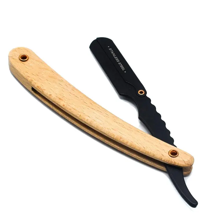 Stainless Steel Folding Barber Straight Razor With Wooden Handle Black Coated Blade Holder For Professional Shaving And Grooming