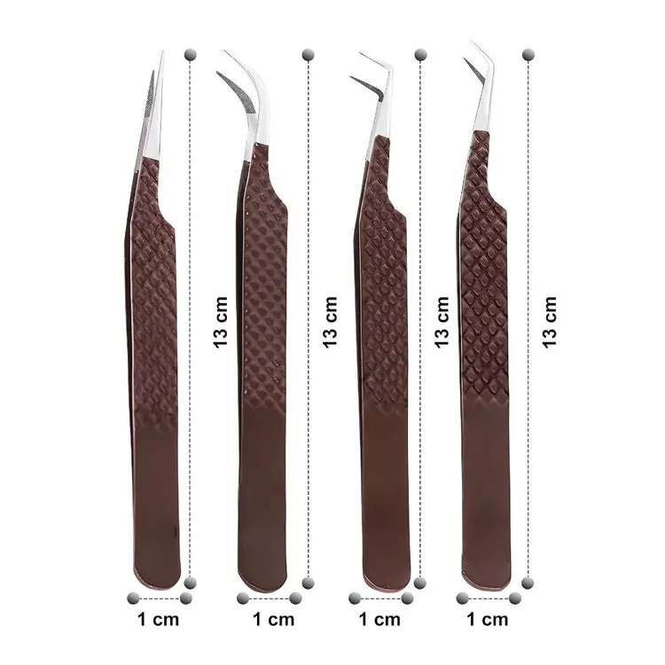 Stainless Steel 4 Pcs Eyelash Extension Tweezers Set With Angular 45 Degree Curved And Straight Tips For Lash Application