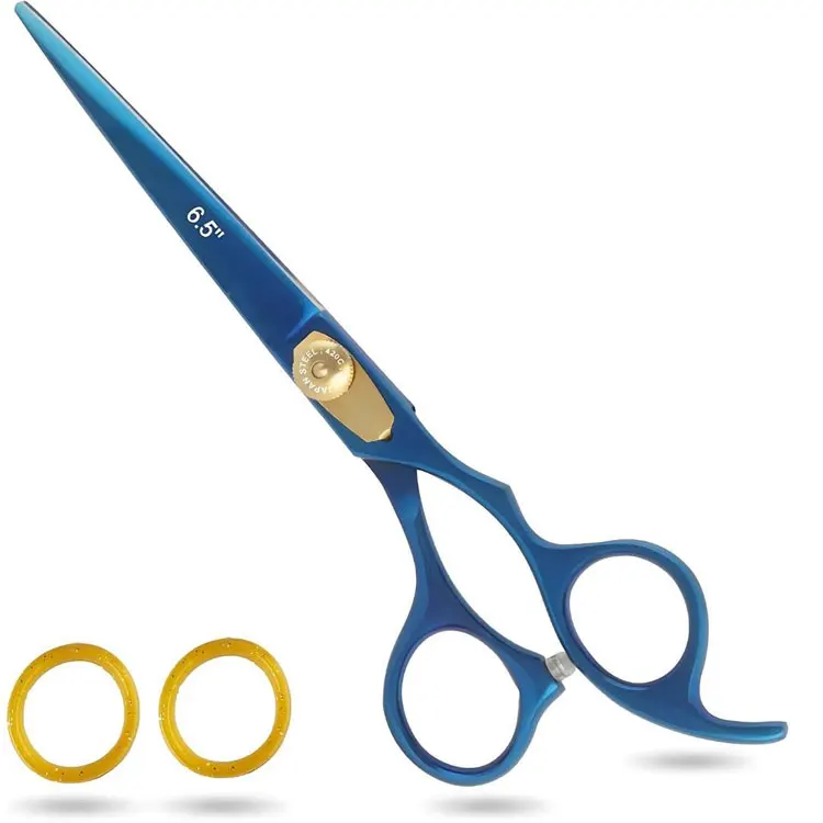 Stainless Steel 6.5 Inch Blue Coated Right-handed Medium Handle Hair Cutting Scissors Gold Tension Screw Silicon Rings Finger