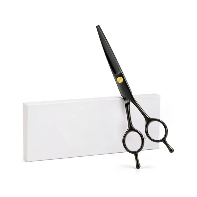 Stainless Steel Black Coated Right-handed Medium Handle Hair Cutting Scissors Finger Rest Box Packing For Professional Barber