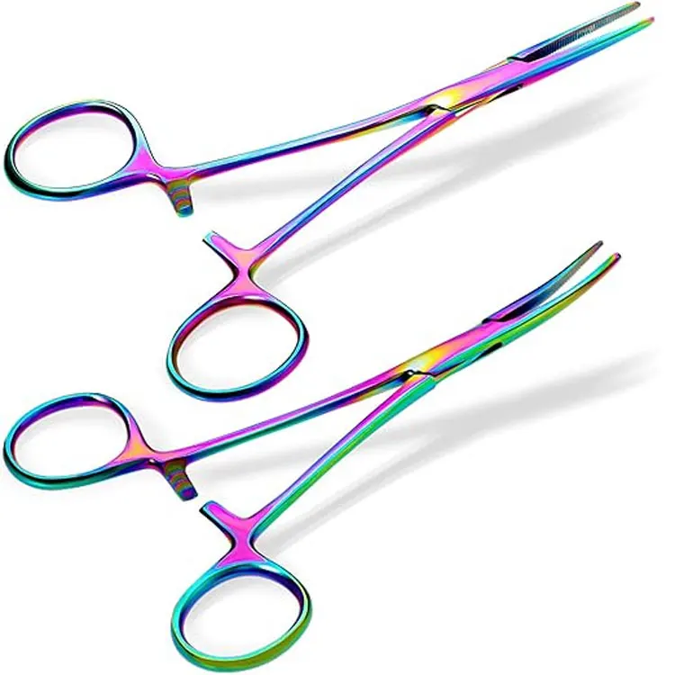 Rainbow Titanium Coated Stainless Steel Curved And Straight Hemostat Forceps For Body Jewelry And Body Piercing