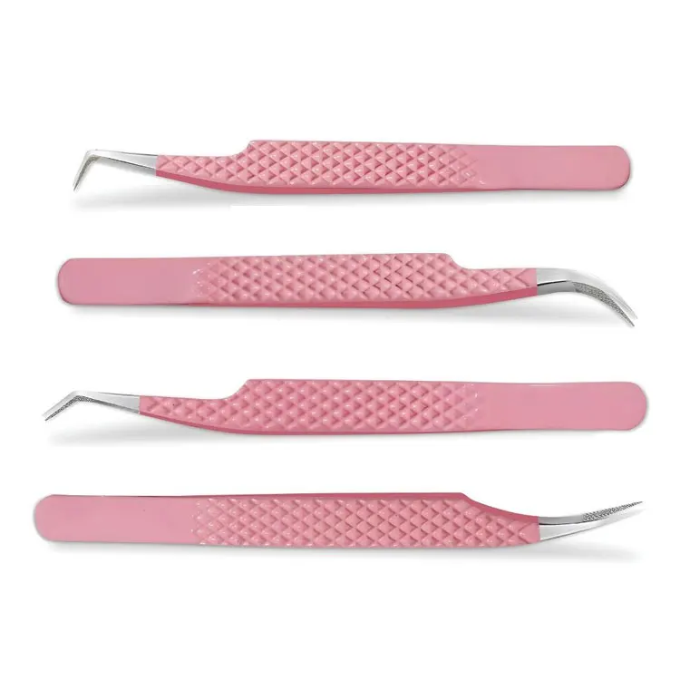 Stainless Steel Pink Coated Fiber Grip Serrated Tip Durable Eyelash Extension Tweezers For Lash Isolation And Volume Application