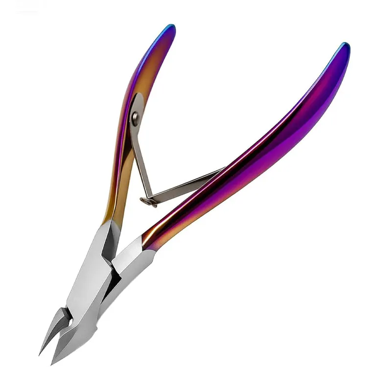 Stainless Steel Cuticle Nipper Rainbow Titanium Coated Handle Double Spring Angled Sharp Blades Wide Jaw Opening Feet Finger Use