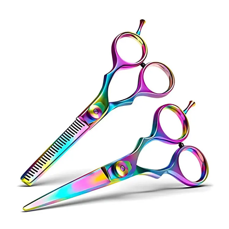 Stainless Steel Rainbow Titanium Coated Hair Cutting And Thinning Scissors Set With Rubber Finger Rings And Gift Box