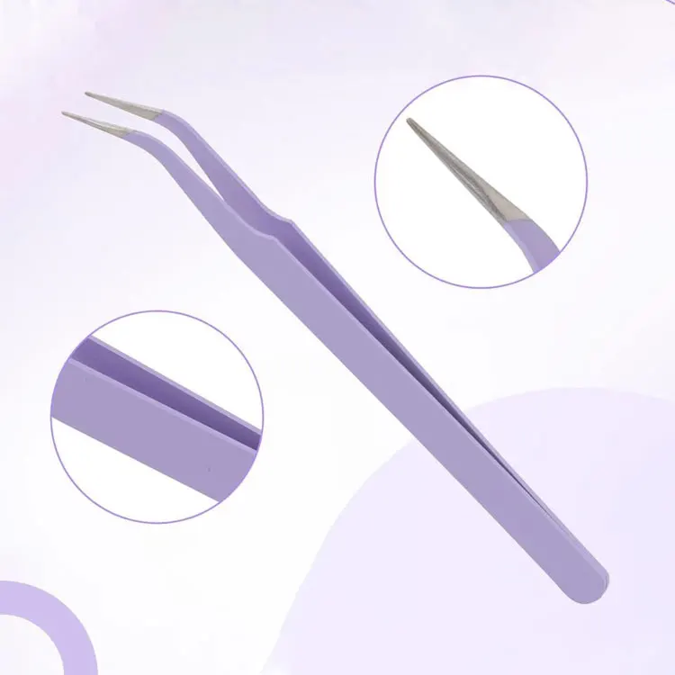Stainless Steel Purple Color Coated Curved Eyelash Extension Tweezers Serrated Tip 1.8cm Length For Professional Lash