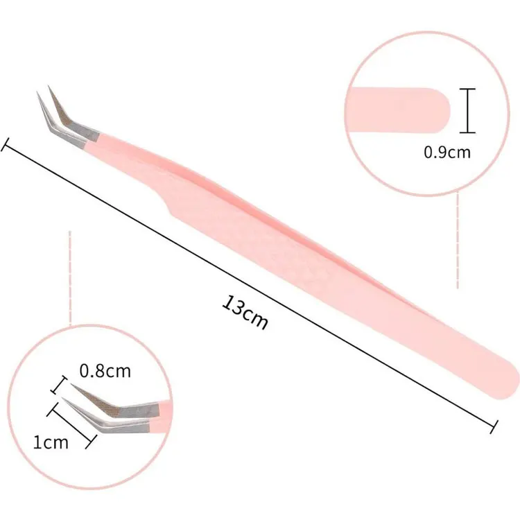 Stainless Steel Pink Color 13 Cm 45 Degree Eyelash Extension Tweezers With 10 Mm Fiber Tip For Professional Lash