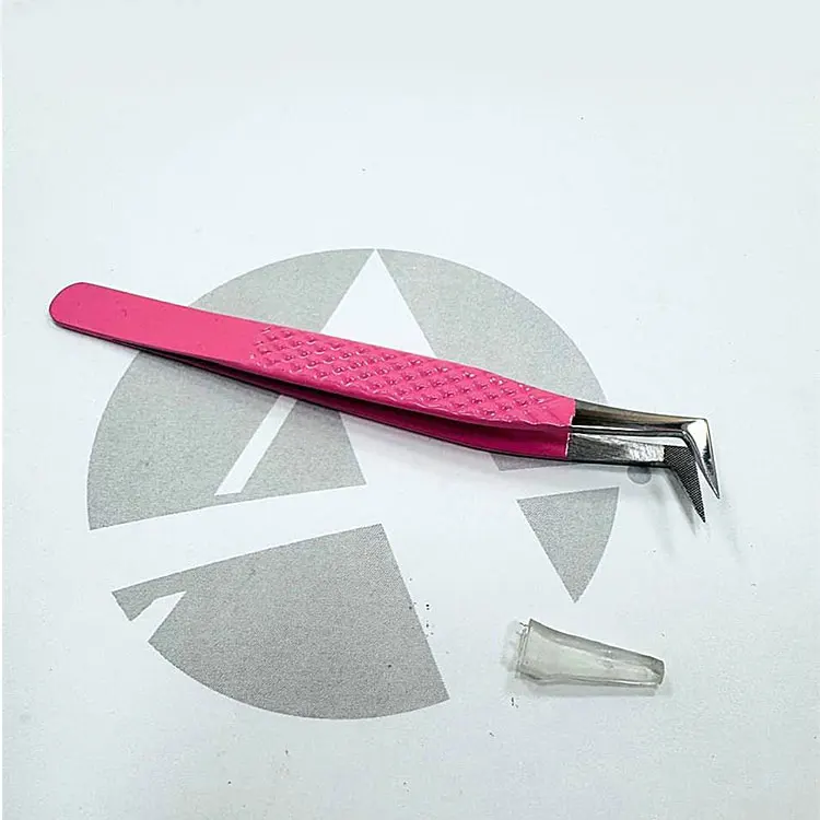 Stainless Steel Pink 90 Degree Fiber Tip Eyelash Extension Tweezer With Diamond Grip For Professional Lash Application