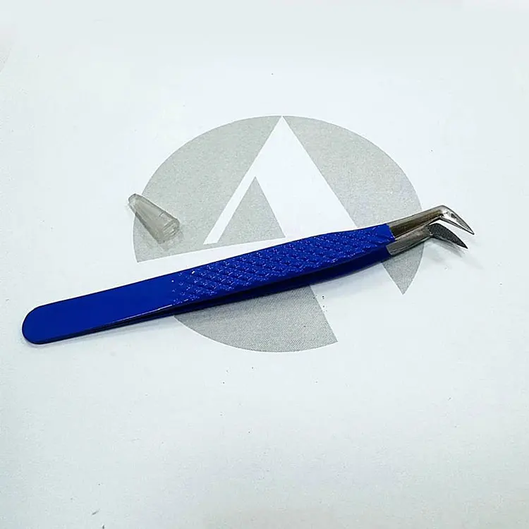 Stainless Steel Blue Diamond Grip Volume Eyelash Extension Tweezer With Fiber Tip For Professional Lash Application