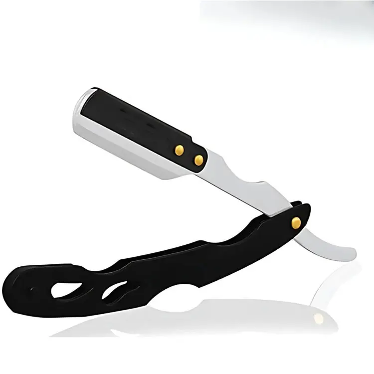 Stainless Steel Straight Edge Razor With Black Ergonomic Handle For Professional Barber Shaving And Beard Grooming