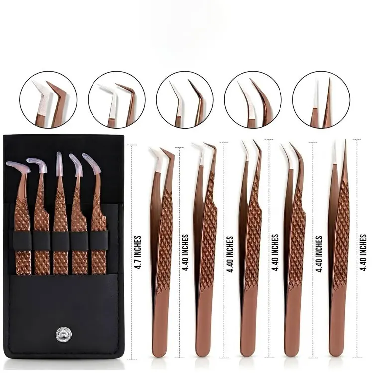 Stainless Steel 5 Piece Eyelash Extension Tweezers Set With Precision Tips And Pu Leather Storage Pouch