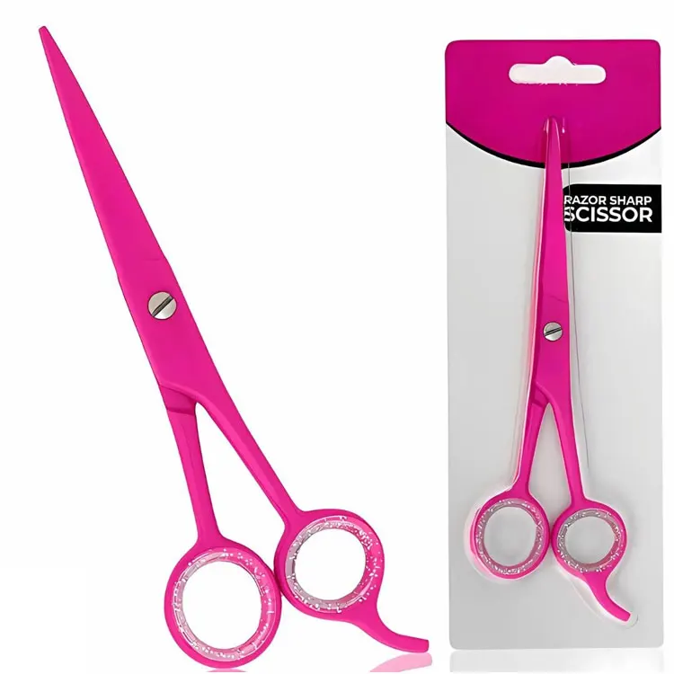 Stainless Steel Pink Color Coated 6.5 Inch Hair Cutting Scissors With Silicon Finger Inserts For Professional Salon Use