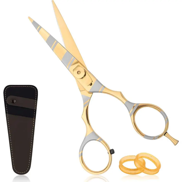 Stainless Steel Gold Hair Cutting Scissors With Adjustable Tension Screw Finger Rest Pu Leather Pouch And Finger Rings