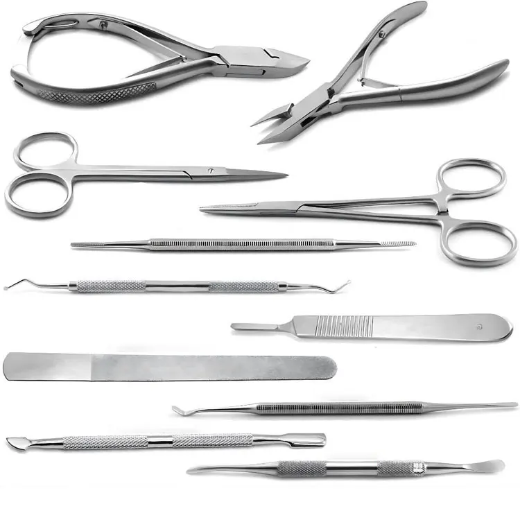 Stainless Steel Professional Podiatry Chiropody Tools Kit With Nail Nippers Scissors Curettes And Foot Care Instruments