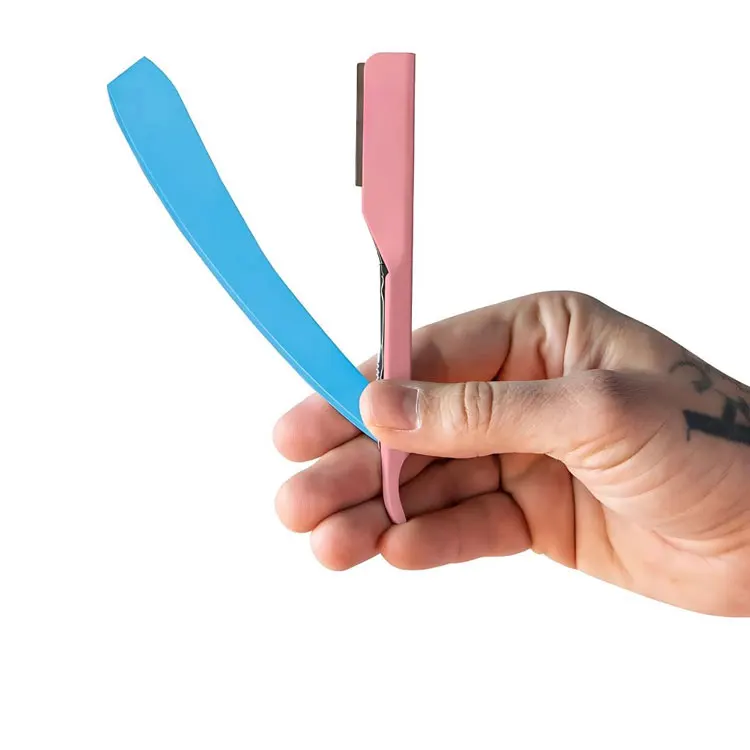 Stainless Steel Barber Folding Shaving Razor With Pink Blade Holder And Sky Blue Plastic Handle For Beard Grooming