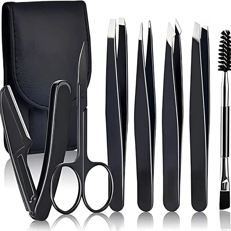 Professional Black Coated Stainless Steel Eyebrow Grooming Kit With Tweezers Scissors Razor And Pouch