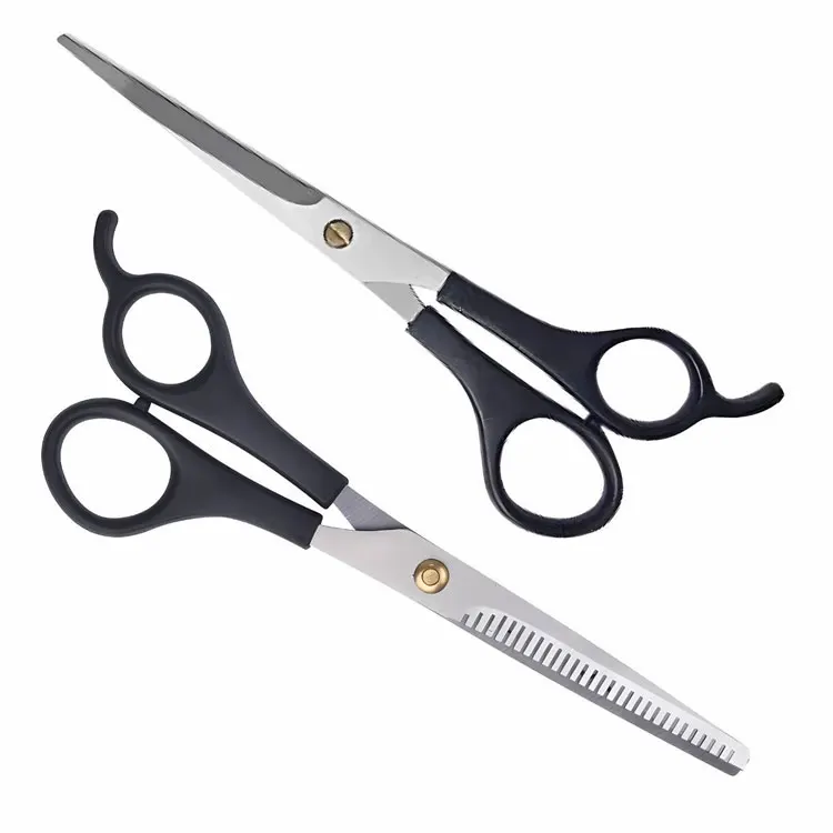 Stainless Steel Hair Cutting And Thinning Scissors Set With Black Plastic Handles For Professional Barber Use