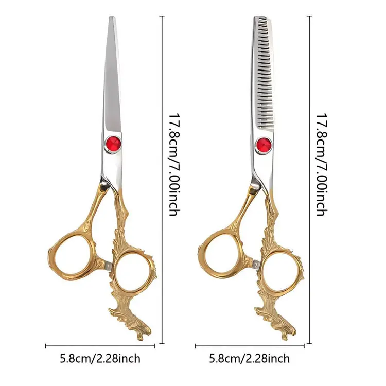 Stainless Steel Dragon Handle Hair Cutting And Thinning Scissors Set With Decorative Red Stone Screw 7 Inch