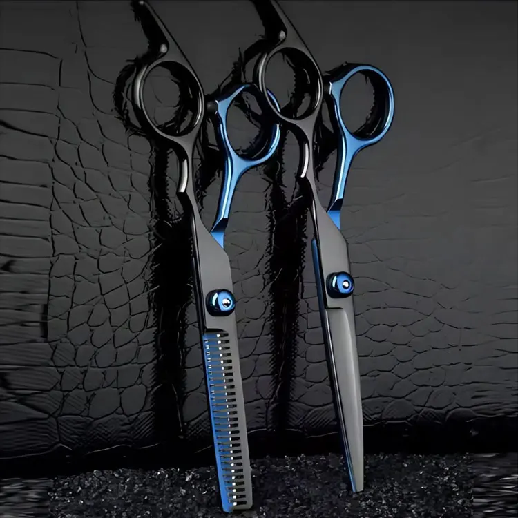 Premium Stainless Steel Black And Blue Hair Cutting And Thinning Scissors Set With Adjustable Tension Screw