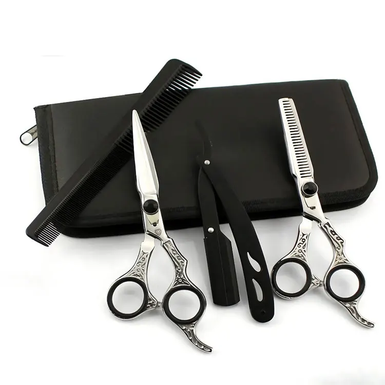 Professional Stainless Steel Barber Hair Cutting And Thinning Scissors Set With Straight Razor And Zipper Case