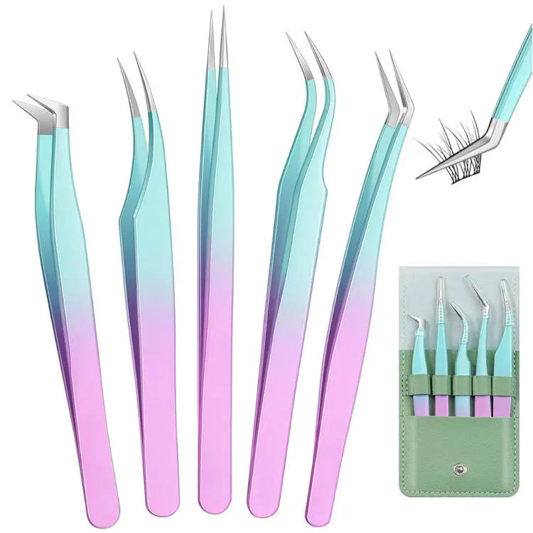 5-piece Gradient Blue-to-pink Stainless Steel Eyelash Extension Tweezer Set With Storage Pouch And Assorted Tip Designs
