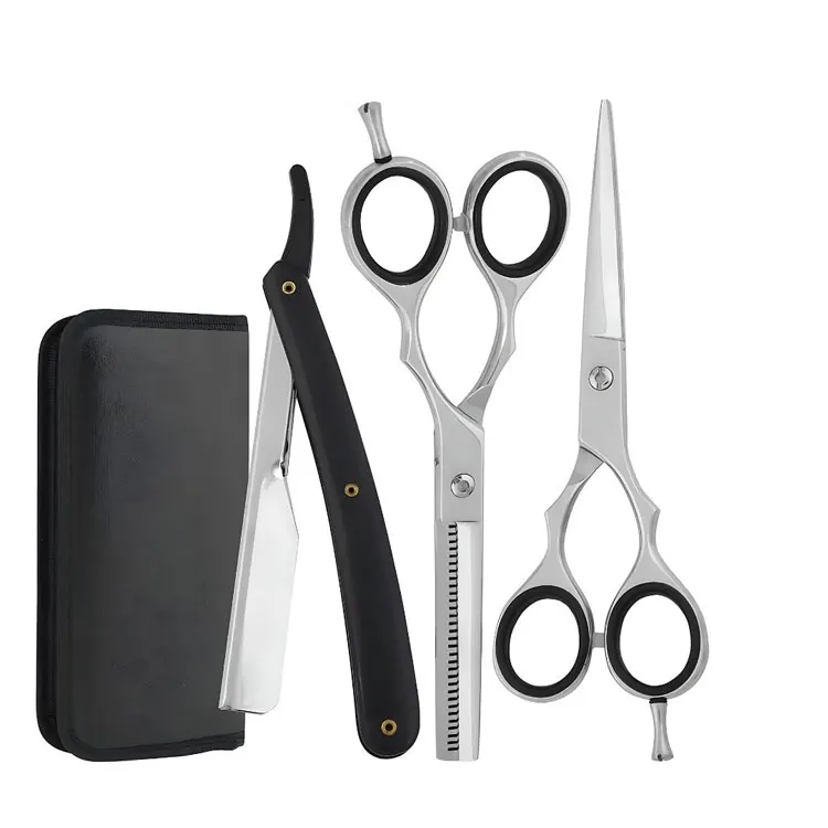 Professional Stainless Steel Hair Cutting And Thinning Scissors Set With Barber Razor And Leather Case