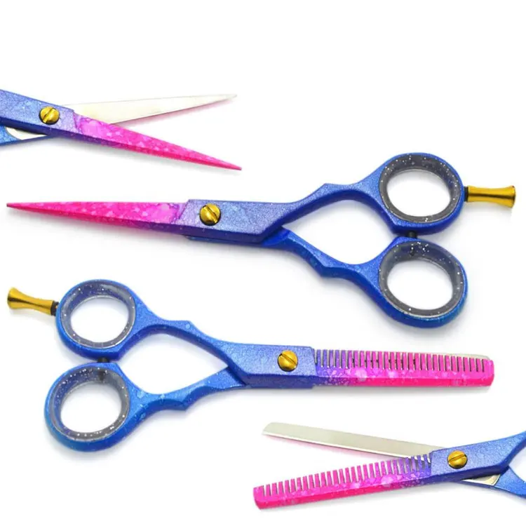 Premium Stainless Steel Blue And Pink Color Coated Barber Hair Cutting And Thinning Scissors Set With Silicon Ring Finger Rest