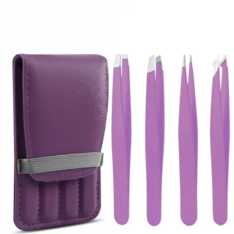 Professional Stainless Steel Eyebrow Tweezers Set With Pu Leather Pouch Precision Hair Removal Beauty Tool Kit