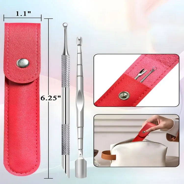 Professional Stainless Steel Cuticle Pusher Tools Set With Pu Leather Storage Pouch For Manicure Pedicure Care
