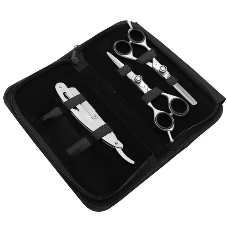 Professional Stainless Steel Hair Cutting And Thinning Scissors Set With Barber Razor Adjustable Screw Finger Rest &amp; Pu Case