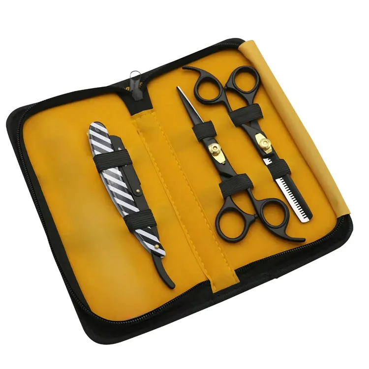 Professional Stainless Steel Barber Hair Cutting And Thinning Scissors Set With Straight Razor And Zipper Case