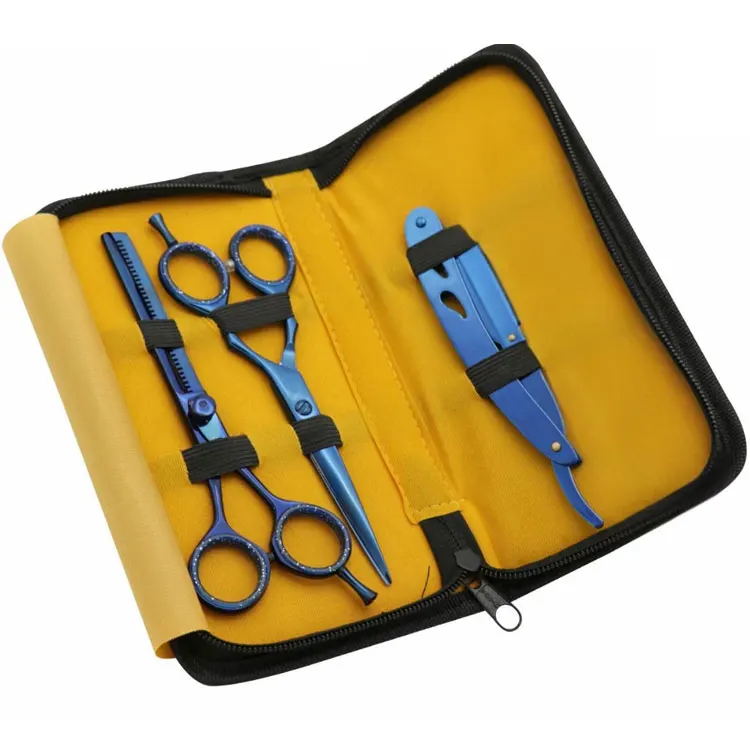 Stainless Steel Barber Hair Cutting And Thinning Scissors Set With Straight Razor Blue Color Coated With Leather Case Salon Kit