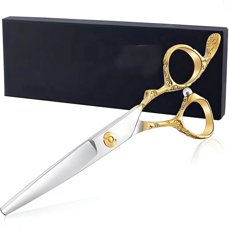 Stainless Steel Barber Hair Cutting Scissor With Gold Plated Fancy Handle Screw Blunt Tips And Sharp Precision Blades