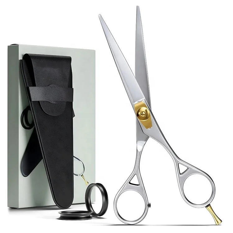 Stainless Steel Premium Barber Hair Cutting Scissors With Pu Leather Pouch Adjustable Screw Finger Rest Shears
