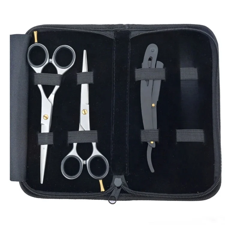 Stainless Steel Barber Hair Cutting Scissors And Straight Razor Set With Pu Leather Case Professional Salon Kit