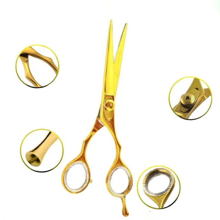 Professional Stainless Steel Gold Plated Barber Hair Cutting Scissors With Adjustable Screw And Finger Rest Salon Shears