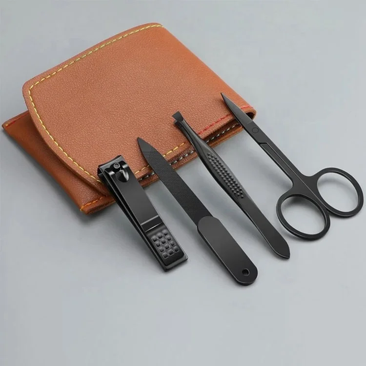 Wholesale Stainless Steel Black Coated Manicure Set Nail Clipper File Tweezer Scissors With Leather Pouch Grooming Kit