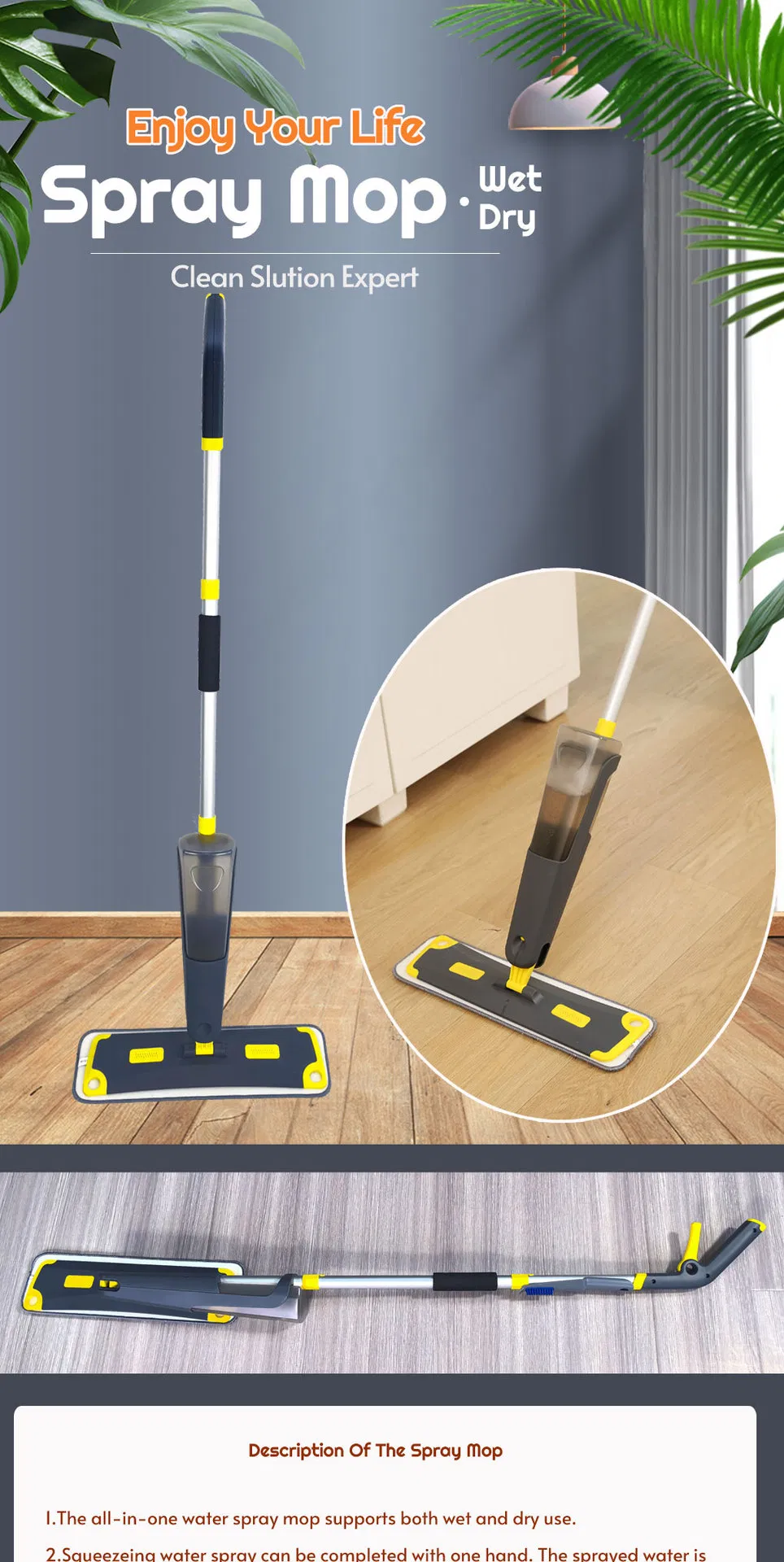 Water Spray Flat Mop Household Clean Hands-Free Wet and Dry Dual-Use