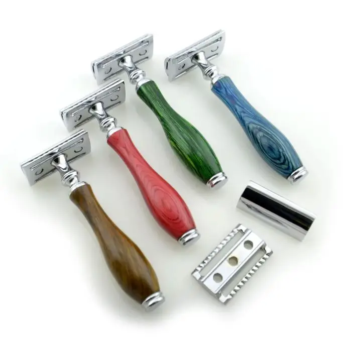 Stainless Steel Double Edge Safety Razor With Polished Chrome Head And Colorful Varnished Wood Handle For Beard Wet Shaving