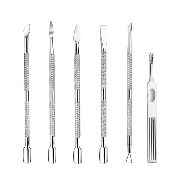 6-piece Reusable Double-ended Stainless Steel Manicure And Pedicure Tools With Cuticle Pushers Scrapers And V-shaped Trimmer