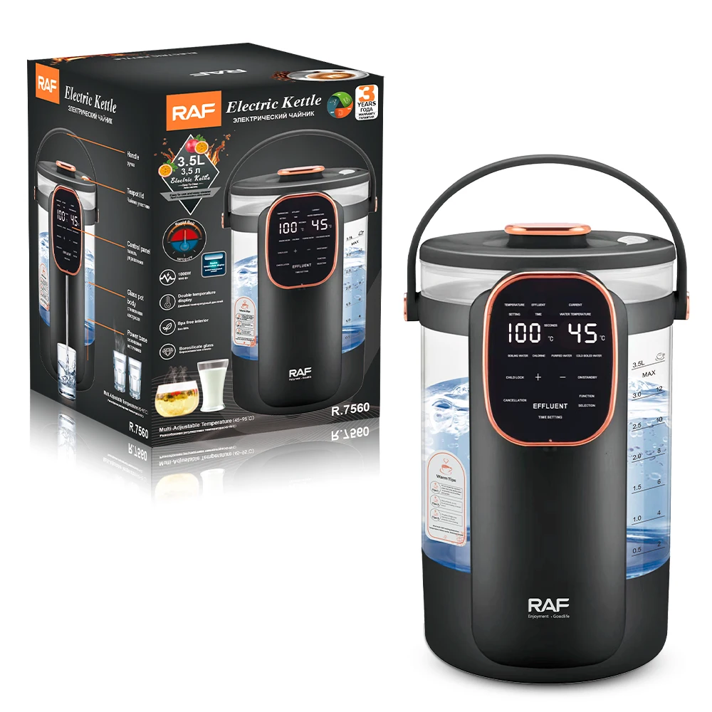 Raf Electric Kettle With 3.5l Borosilicate Glass Body 1000w Rapid Boiling Double Temperature Display And Adjustable Heat Control