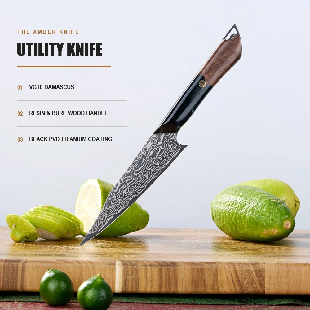 Amber New Design Vg10 Damascus Steel Japanese Utility Knife Cut Vegetable Fruit Paring Knife Ultra Sharp Kitchen Petty Knives