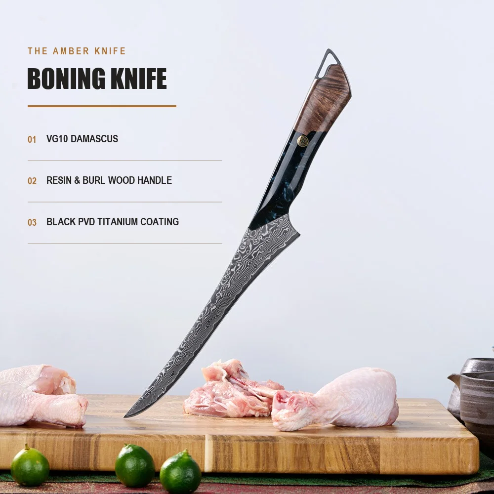 Japanese Knife Vg10 Boning Filet Knife Good Quality Knife Damascus Black Coated Blade Full Tang Stabilized Wood Handle Kitchen