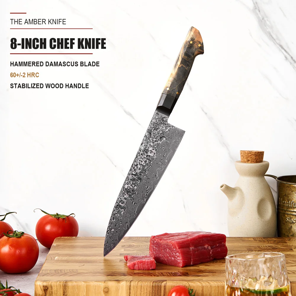 Vg10 Damascus 8 Inch Chef Knife Japanese Black Hammered Blade Wood Forged Handles For Kitchen Meat Cutting By Amber