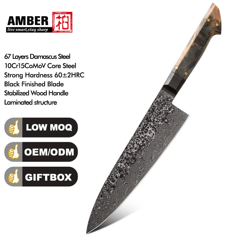 8 Inch Professional Japanese Chef Knife Vg10 Damascus Steel Black Hammered Knife Wood Kitchen Handles By Amber