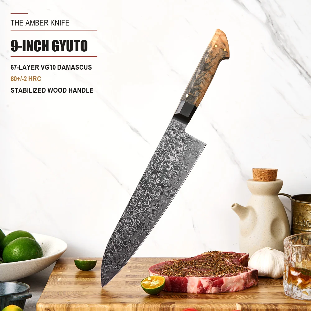 9 Inch Black Hammer Gyuto 210mm Vg10 High Carbon Japanese Damascus Chef Knife Forged Wood Handle Home Kitchen Sharp Slicing