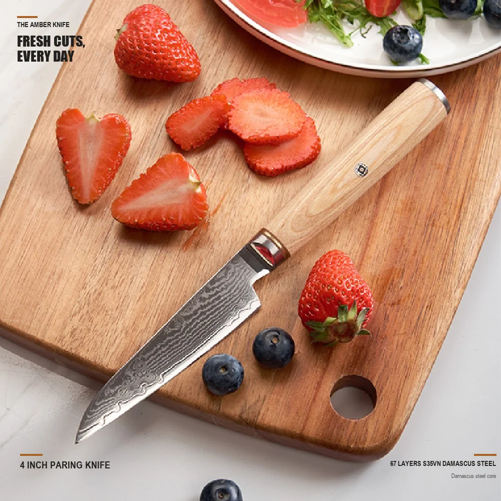S35vn Powder Steel Damascus Paring Knife 4 Inch 60-62 Hrc Pakka Wood Handle Fruit Knife Kitchen Peeling Custom Logo