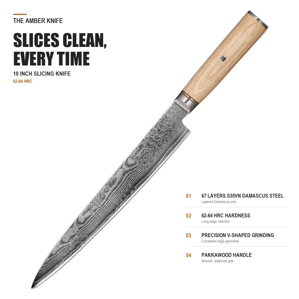 S35vn Powder Steel Damascus Slicing Knife 9.5 Inch 62-64hrc Pakka Wood Handle Carving Knife Kitchen Meat Cutting