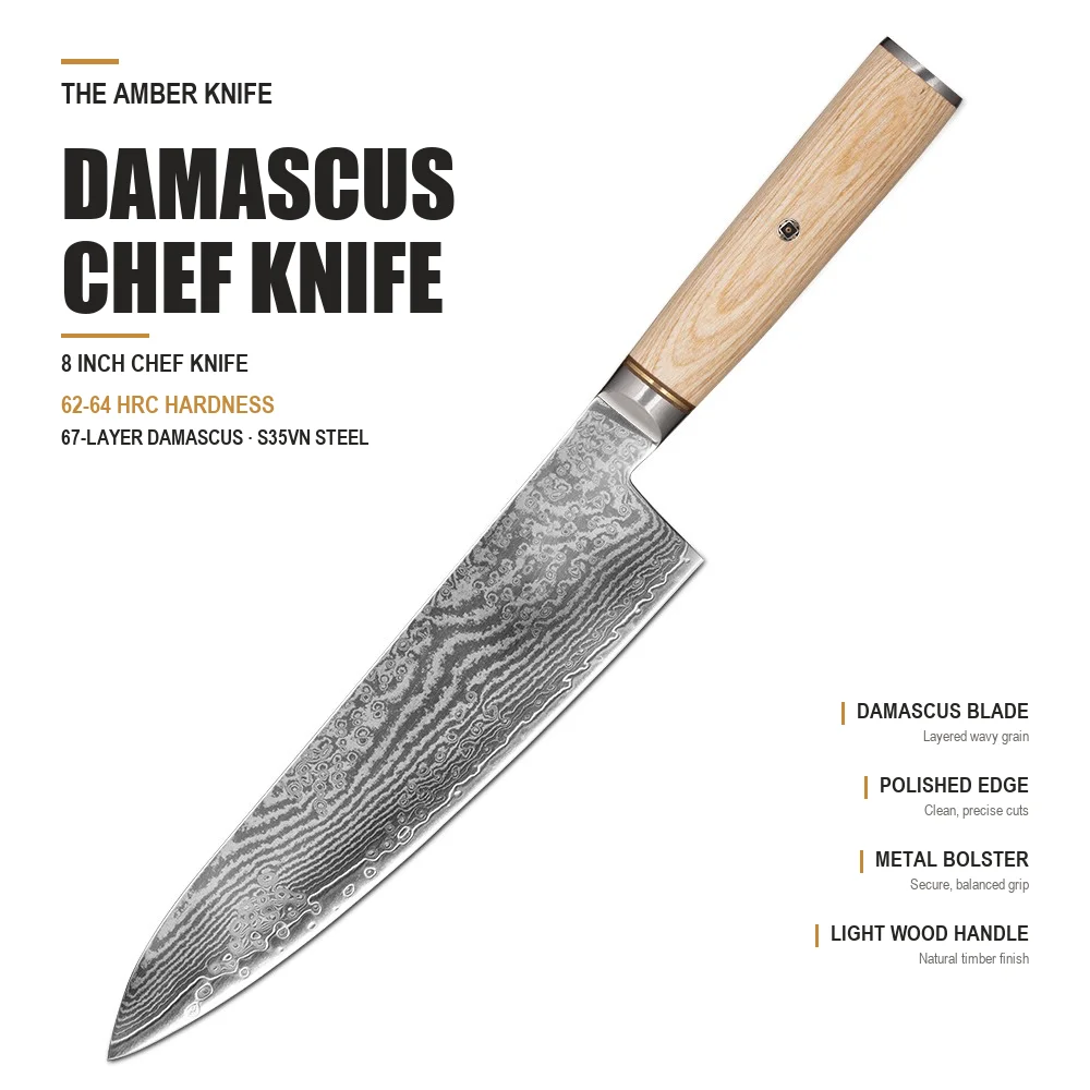 14cr Core S35vn Powder Steel Damascus Chef Knife 8inch 62-64 Hrc Pakka Wood Handle Japanese Chef Knife Meat Cutting Custom Logo