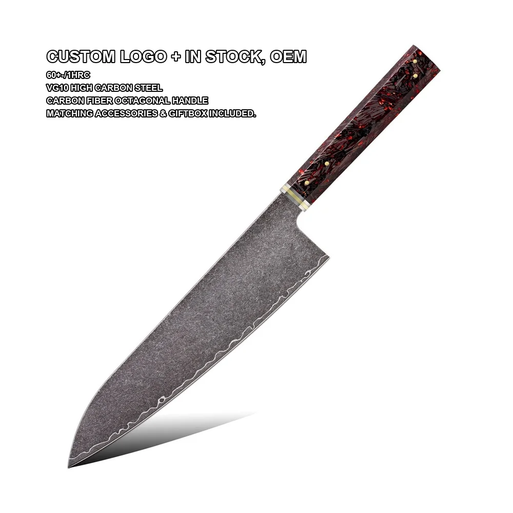 210mm Japanese Chef Knife High Carbon Steel Vg10 Black Gyuto Copper Pins Carbon Fiber Resin Scale Professional Kitchen Cooking