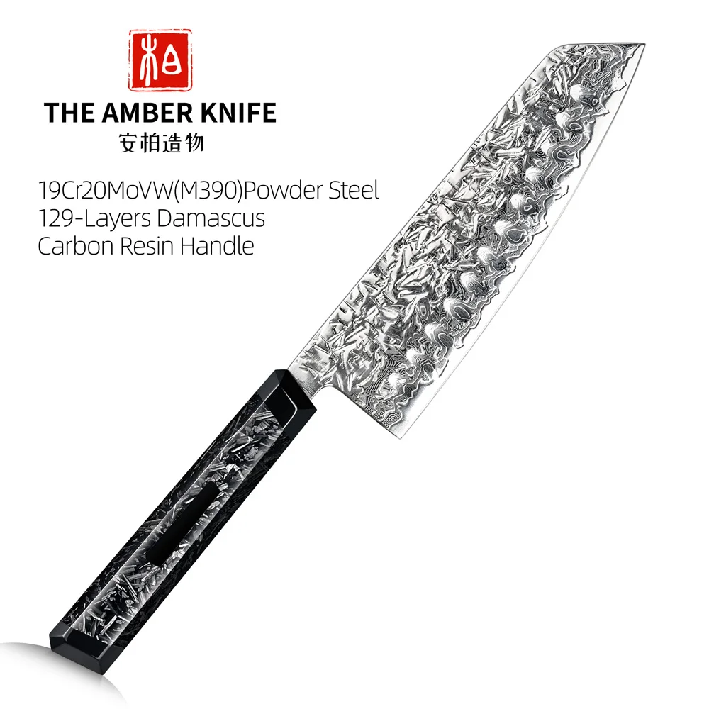 7 Inch Japanese Santoku Knife Powder Steel Damsacus M390 Kitchen Knife Carbon Fiber Resin Handle Professional Cook Tool Of Amber